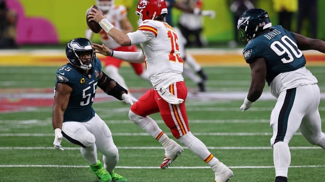 Brandon Graham chases Patrick Mahomes at Super Bowl LIX in New Orleans.