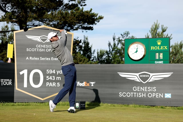 Scottie Scheffler of the United States tees off on the 10th hole during the pro-am prior to the Genesis Scottish Open 2025 at The Renaissance Club on July 09, 2025 in North Berwick, Scotland.