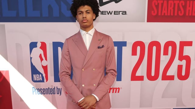 Joan Beringer arrives before the first round of the 2025 NBA Draft at Barclays Center.