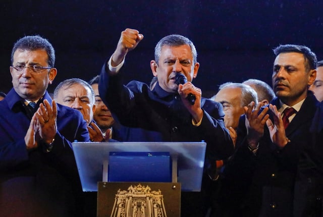 Ozgur Ozel, leader of Turkey's main opposition Republican People's Party (CHP), accompanied by Istanbul Mayor Ekrem Imamoglu, addresses his supporters during a protest against the detention of Besiktas district mayor Riza Akpolat, in Istanbul, Turkey, January 13, 2025. REUTERS/Dilara Senkaya/File Photo