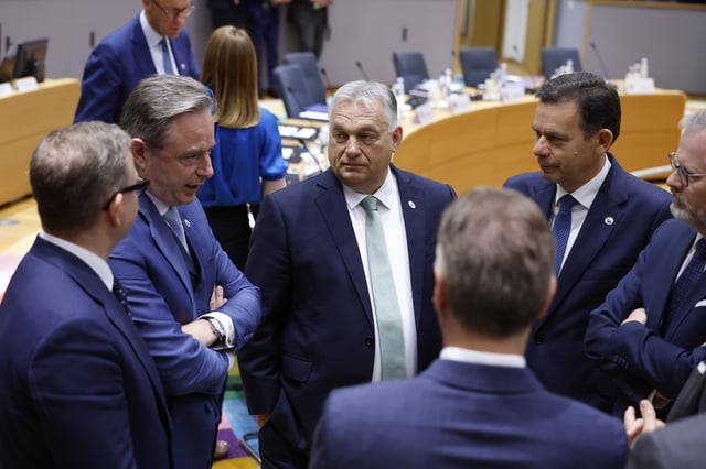 Clockwise from left, Finland's Prime Minister Petteri Orpo, Belgium's Prime Minister Bart De Wever, Hungary's Prime Minister Viktor Orban, Portugal's Prime Minister Luis Montenegro, Czech Republic's Prime Minister Petr Fiala, and Slovenia's Prime Minister Robert Golob attend a round table meeting at an EU summit in Brussels, Thursday, June 26, 2025. (AP Photo/Geert Vanden Wijngaert)