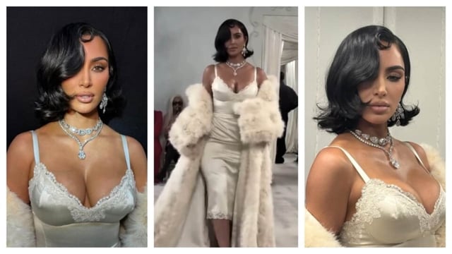 Kim Kardashian paired a satin dress with a fur coat.