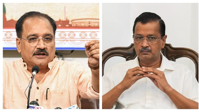 Delhi BJP chief Virendra Sachdeva (right) and former Delhi chief minister Arvind Kejriwal.