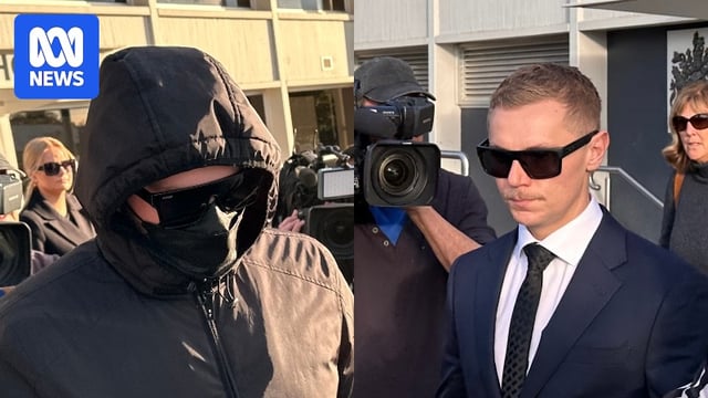 Former NSW Police officers Nathan Black wearing black hoodies and black mask, left, and Timothy John Trautsch, right, in a suit