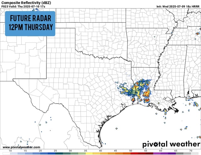 Shown is the future weather radar model for Texas at noon Thursday. A few showers and storms are possible in far East Texas, but most of the state will be dry.
