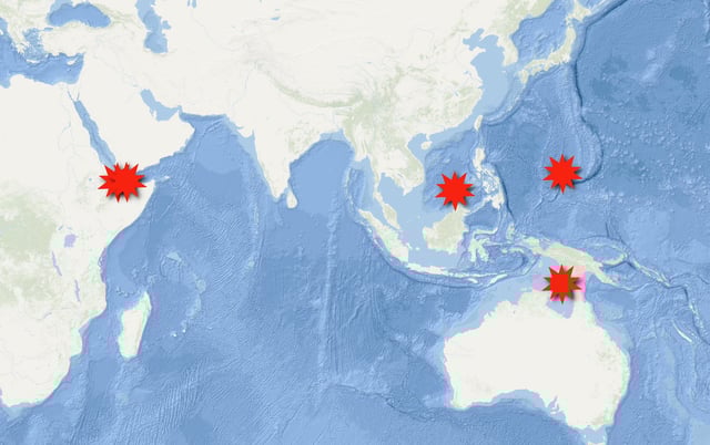 A map shows reported incidents of the Chinese military targeting U.S. and allied aircraft or ships with high-powered lasers between 2018 and 2025 in the Pacific and Indian oceans.