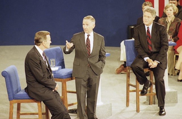 Before the Tweets: Ross Perot's 1992 campaign for president showed how a billionaire outsider could scramble American politics. Can Elon Musk learn from Perot's shortcomings? Pictured here, Perot speaks as president George Bush, left, and Democratic candidate Bill Clinton listen during a debate in Richmond, Va., Oct. 15, 1992.
