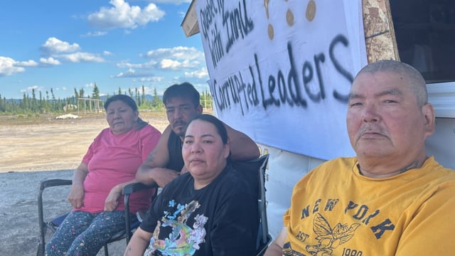 From left: Mary Ann Montague, Chris Dyke, Madeline Sillitt and Matthew Andrew. About 20 protesters from Labrador's Innu community gathered in Gull Island on Wednesday. 