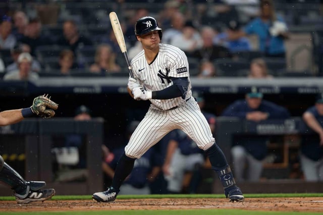 New York Yankees&#39; Anthony Volpe (11) strikes out during the third inning of a baseball game against the Seattle Mariners, Tuesday, July 8, 2025, in New York. (AP Photo/Yuki Iwamura)