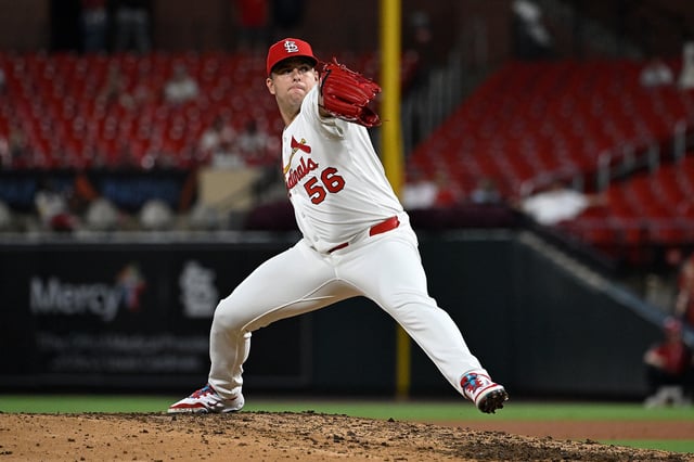 ST LOUIS, MISSOURI - JULY 8: Ryan Helsley #56 of the St. Louis Cardinals pitches against the Washington Nationals in the ninth inning at Busch Stadium on July 8, 2025 in St Louis, Missouri.