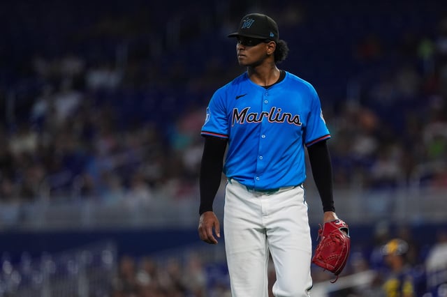 MIAMI, FLORIDA - JULY 6: Edward Cabrera #27 of the Miami Marlins walks off the mound in the game against the Milwaukee Brewers at loanDepot Park on July 6, 2025 in Miami, Florida.