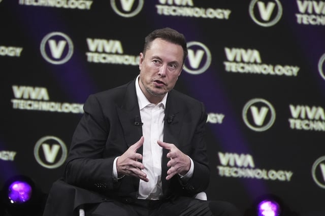 FILE - Elon Musk, who owns Twitter, Tesla and SpaceX, speaks at the Vivatech fair Friday, June 16, 2023 in Paris. Vivatech is Europe's biggest startup and tech event. (AP Photo/Michel Euler, File)