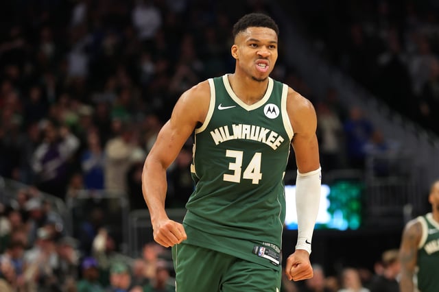 Giannis Antetokounmpo #34 of the Milwaukee Bucks reacts to a score during the second half of a game against the Portland Trail Blazers at Fiserv Forum on November 26, 2023 in Milwaukee, Wisconsin.