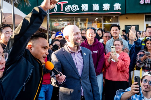 San Francisco Supervisor Joel Engardio leads a stinky tofu eating contest at the Sunset Night Market on Friday, Aug. 30, 2024, in San Francisco.