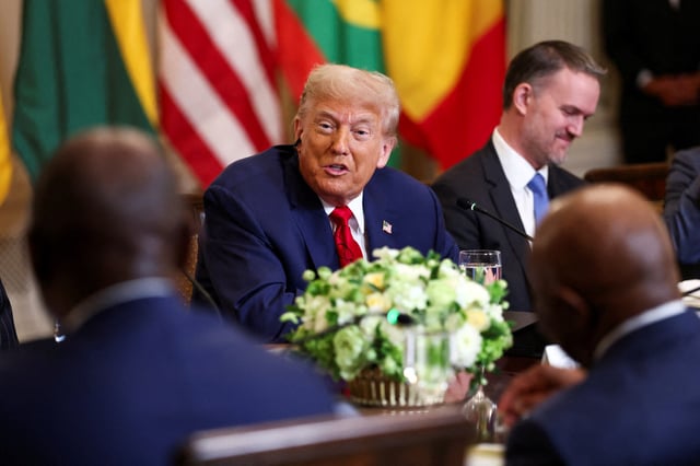 U.S. President Donald Trump hosts a lunch for African leaders of Gabon, Guinea-Bissau, Liberia, Mauritania, and Senegal in the State Dining Room at the White House in Washington, D.C., U.S., July 9, 2025. REUTERS/Kevin Lamarque/File Photo