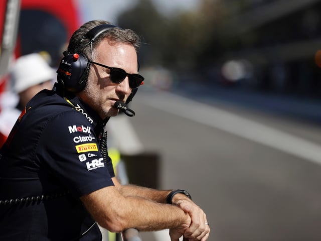 FILE - Team chief Christian Horner of Red Bull Racing looks at the track during the practice runs prior to the Formula One Mexico Grand Prix auto race at the Hermanos Rodriguez racetrack, in Mexico City, Oct. 28, 2023. (Andres Staph/Pool photo via AP File)