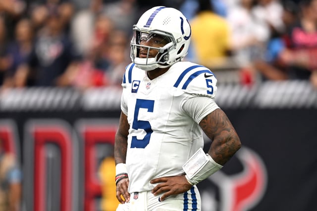 Anthony Richardson #5 of the Indianapolis Colts reacts after being sacked during the fourth quarter against the Houston Texans at NRG Stadium on October 27, 2024 in Houston, Texas.
