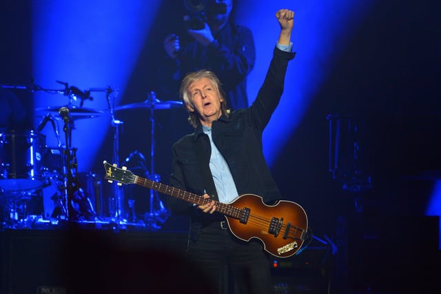 Paul McCartney performs  on stage during his 2018 ‘Freshen Up’ tour in London, England. 