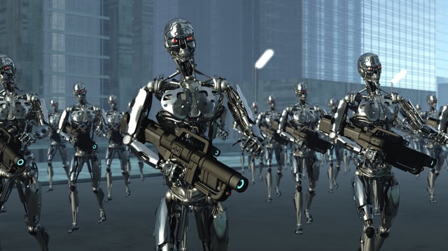 An illustrative image of an army of humanoid robots equipped with blasters.