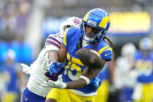 Dec 8, 2024; Inglewood, California, USA; Los Angeles Rams wide receiver Demarcus Robinson (15) attempts to catch the ball against Buffalo Bills cornerback Christian Benford (47) in the first half at SoFi Stadium. Mandatory Credit: Kirby Lee-Imagn Images/File photo