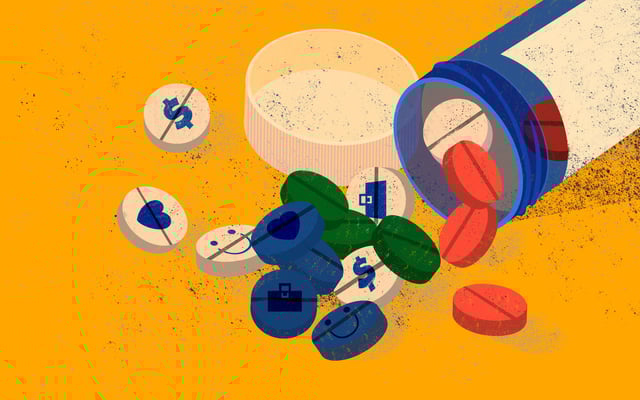 Opioid abuse public health issue. Pills opioid bottle near a pile of analgesics.