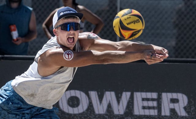 Miles Partain goes to pass on the first day of the AVP Tour’s Huntington Beach Open on May 10, 2025. (Photo by Mindy Schauer, Orange County Register/SCNG)