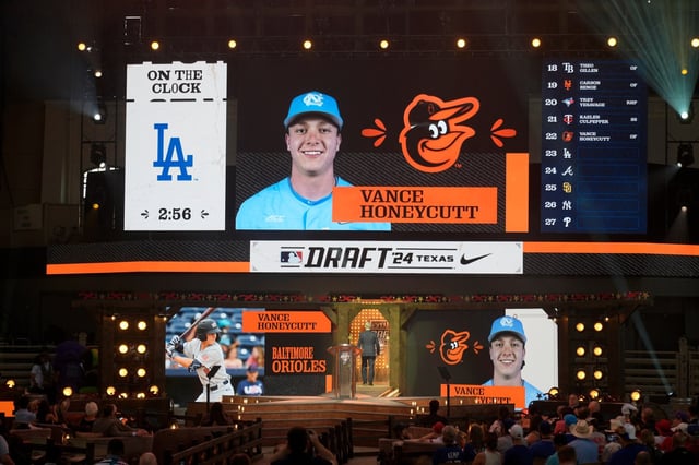 A photo of Vance Honeycutt is shown on the video board after Honeycutt was selected 22nd overall by the Baltimore Orioles in the first round of the MLB baseball draft in Fort Worth, Texas, Sunday, July 14, 2024. (AP Photo/LM Otero)