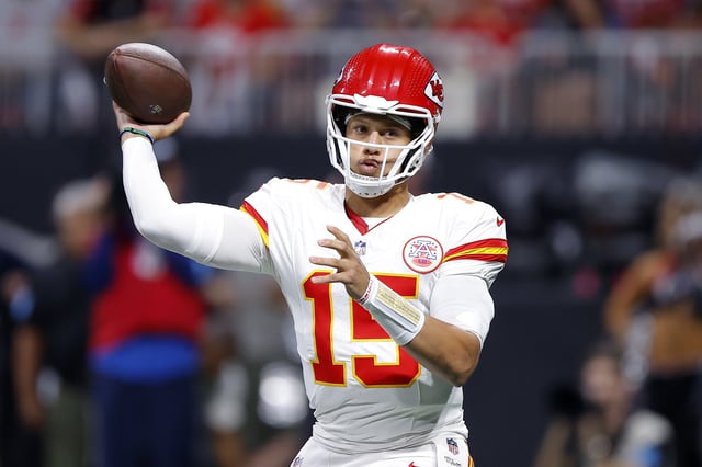 Patrick Mahomes #15 of the Kansas City Chiefs throws a pass during the first quarter against the Atlanta Falcons at Mercedes-Benz Stadium on September 22, 2024 in Atlanta, Georgia.