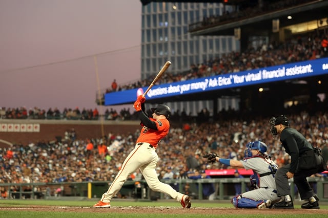 San Francisco Giants’ Matt Chapman hits a 2-run homer to give the Giants a 3-2 lead in the sixth inning against the Los Angeles Dodgers at Oracle Park in San Francisco, Calif., Friday, June 28, 2024. (Karl Mondon/ Bay Area News Group)