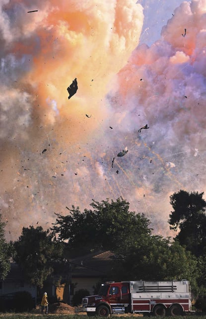 Fireworks explode at Devastating Pyrotechnics’ operation in Esparto (Yolo County) on July 1, 2025.