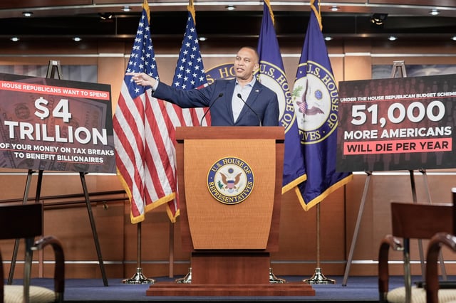 House Minority Leader Hakeem Jeffries, D-N.Y., speaks during a news conference after passage of the budget reconciliation package of President Donald Trump's signature bill of big tax breaks and spending cuts, at the Capitol in Washington, Tuesday, July 1, 2025. (AP Photo/Mariam Zuhaib)