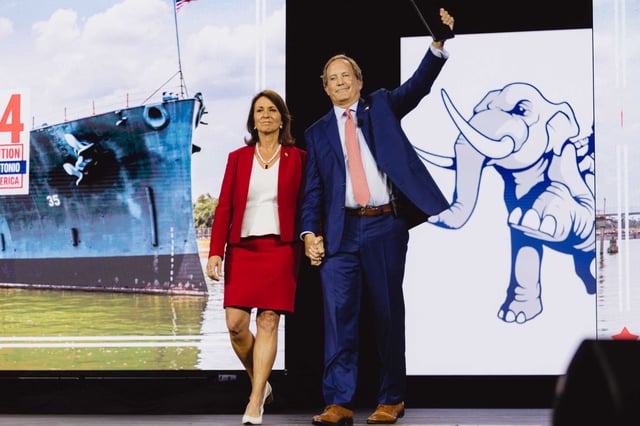 Texas Attorney General Ken Paxton and Angela Paxton, Texas state senator and wife, were seen addressing republican delegates from Texas on the first day of the Texas GOP Convention on May 23, 2024, in San Antonio, Texas.