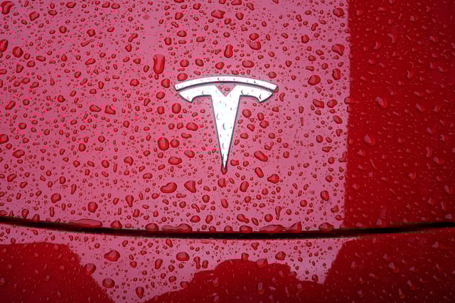 A Tesla logo is pictured on a car in the rain in the Manhattan borough of New York City, New York, U.S., May 5, 2021. REUTERS/Carlo Allegri/ File Photo