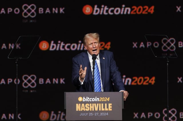 Donald Trump speaks at the Bitcoin 2024 conference in Nashville, Tennessee, US, on Saturday, July 27, 2024