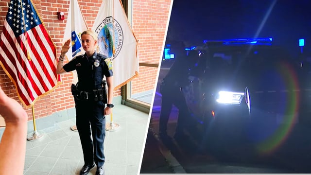 Left: Officer Kelsey Fitzsimmons. Right: The scene in North Andover Monday night.