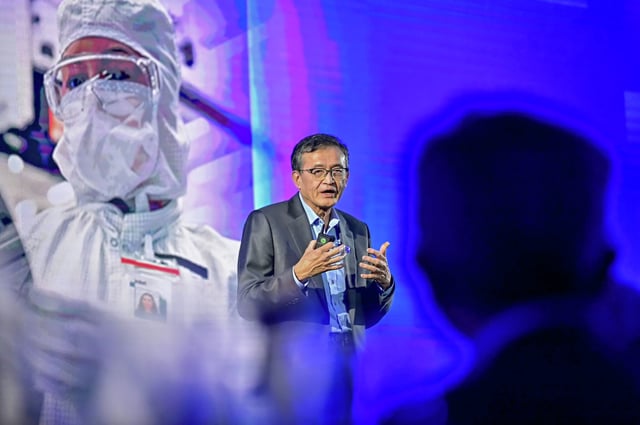 Intel CEO Lip-Bu Tan speaks May 19, 2025, at the Intel 40th anniversary event before the opening of Computex in Taipei, Taiwan. Intel is cutting hundreds of jobs in California as Tan admits the once-dominant chipmaker has slipped from the top ranks in a brutal AI-driven market.