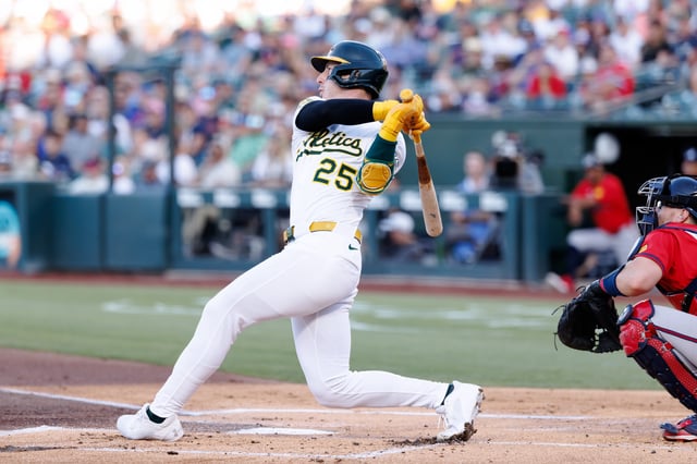 Jul 8, 2025; West Sacramento, California, USA; Athletics designated hitter Brent Rooker (25) hits two run home run during the first inning against Atlanta Braves starting pitcher Didier Fuentes (75) at Sutter Health Park. Mandatory Credit: Sergio Estrada-Imagn Images/File Photo