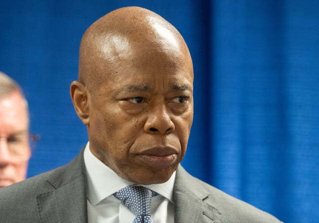 Mayor Eric Adams is pictured at a presser in the Bronx DA’s office announcing the indictment of 19 gang members for 12 shootings including a murder Monday, June 23, 2025 in Manhattan, New York. (Barry Williams/ New York Daily News)