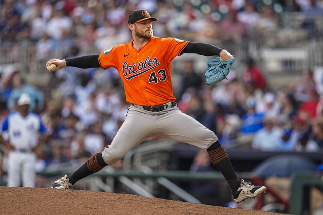 Jul 5, 2025; Cumberland, Georgia, USA; Baltimore Orioles relief pitcher Bryan Baker (43) pitches against the Atlanta Braves during the eighth inning at Truist Park. Mandatory Credit: Dale Zanine-Imagn Images/File Photo