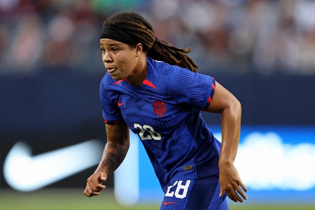 Sep 24, 2023; Chicago, Illinois, USA; United States forward Mia Fishel (28) runs on the field against South Africa during the second half at Soldier Field. Mandatory Credit: Jon Durr-USA TODAY Sports/File Photo