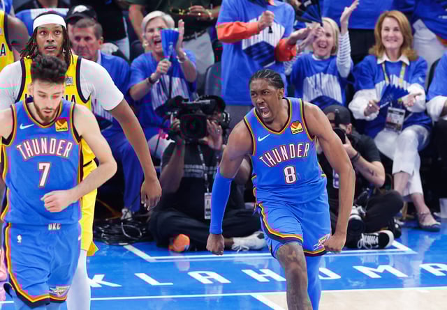 Jun 22, 2025; Oklahoma City, Oklahoma, USA; Oklahoma City Thunder forward Jalen Williams (8) reacts after scoring against the Indiana Pacers during the second half of game seven of the 2025 NBA Finals at Paycom Center. Mandatory Credit: Alonzo Adams-Imagn Images/File Photo