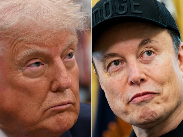 This combination of pictures created on June 5, 2025 shows US President Donald Trump in the Oval Office of the White House, in Washington, DC, on May 5, 2025 and Elon Musk in the Oval Office of the White House in Washington, DC, on May 30, 2025.
