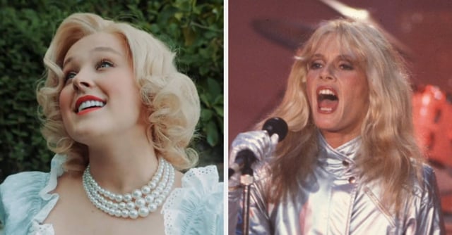 Left: JoJo Siwa with a blonde, curly bob, looking upwards. Right: Cruel comments mocking JoJo's cover of a song