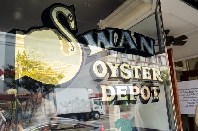 FILE: Swan Oyster Depot in San Francisco in June 2023. The 113-year-old restaurant is under fire for displaying a President Donald Trump hat inside the store. 