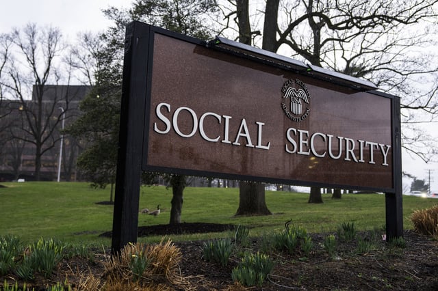 A sign for the U.S. Social Security Administration is seen outside its headquarters in Woodlawn, Md., on Thursday, March 20, 2025.