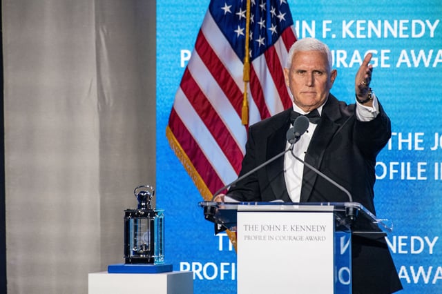Former US Vice President Mike Pence speaks after accepting the 2025 John F. Kennedy Profile in Courage Award at the John F. Kennedy Presidential Library and Museum in Boston, Massachusetts on May 4, 2025.