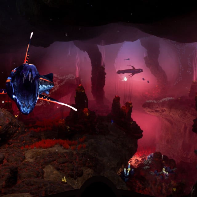 Subnautica 2 screenshot - alien shark in a red-tinged alien sea swimming at the player, gonna eat 'er