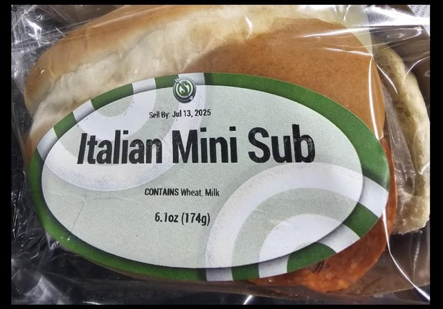A recalled Italian mini sub from Sheehan Brothers Vending can be seen in a July 2025 recall. (Photo from the U.S. Food and Drug Administration)