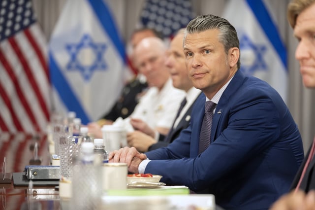 Defense Secretary Pete Hegseth attends a meeting with Israeli Prime Minister Benjamin Netanyahu, not shown, at the Pentagon, Wednesday, July 9, 2025, in Washington.