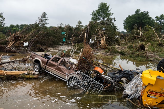 Flood waters left debris including vehicles and equipment scattered in Louise Hays Park on July 5, 2025 in Kerrville, Texas.